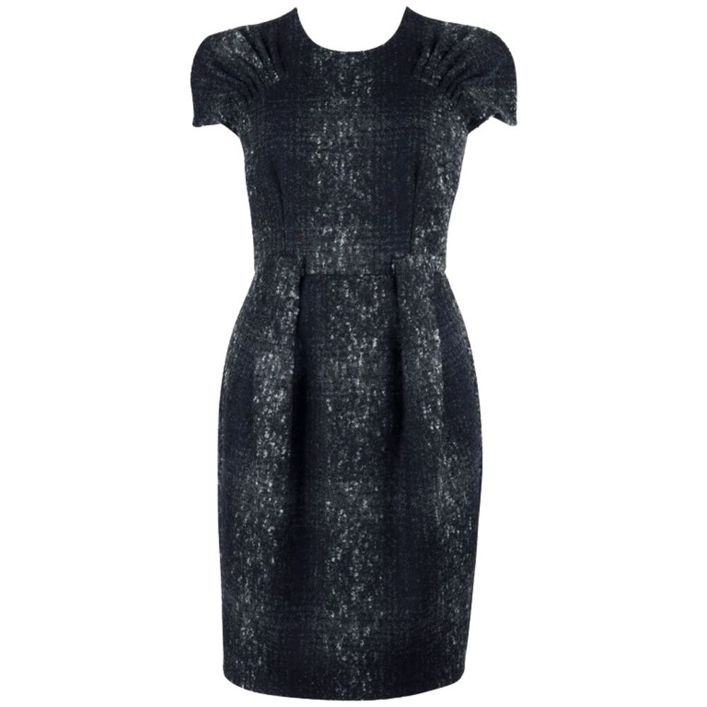 Prada Black and Gray Pleated Sheath Dress Puff Sleeve Midi